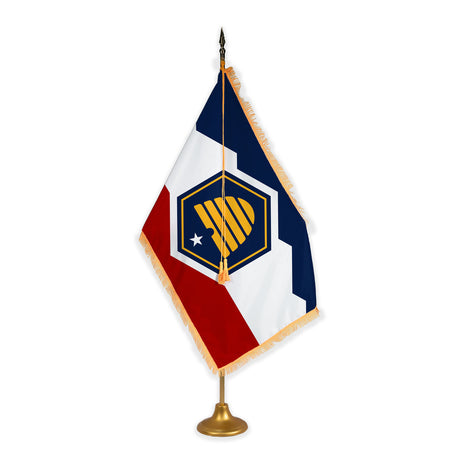 Utah adjustable indoor flag set with gold fringe on metal stand