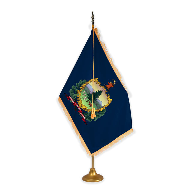 Vermont adjustable indoor flag set with gold fringe on metal stand