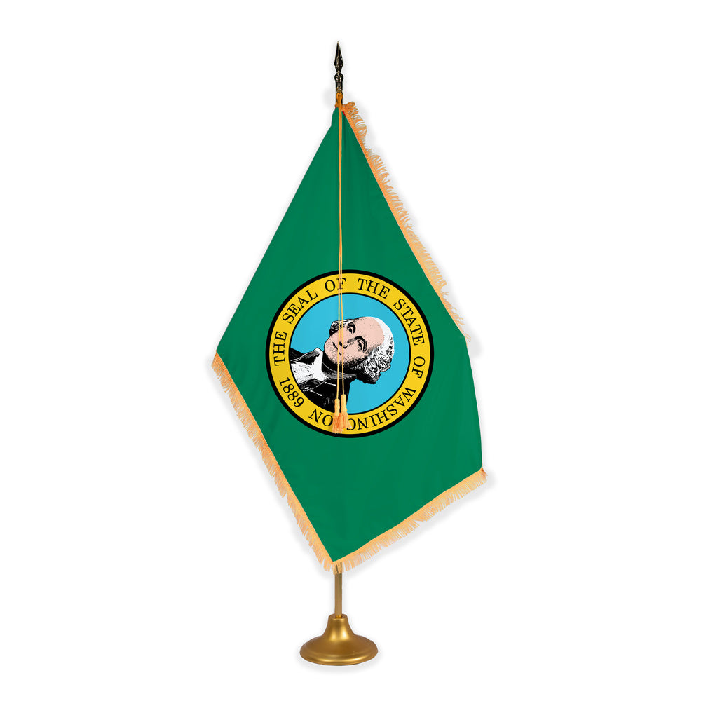 Washington adjustable indoor flag set with gold fringe on metal stand
