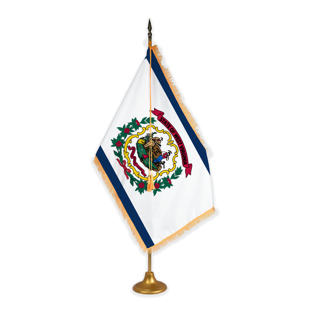 West Virginia adjustable indoor flag set with gold fringe on metal stand