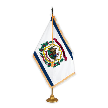 West Virginia adjustable indoor flag set with gold fringe on metal stand