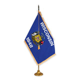 Wisconsin adjustable indoor flag set with gold fringe on metal stand