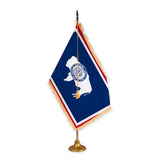 Wyoming adjustable indoor flag set with gold fringe on metal stand
