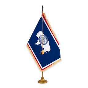 Wyoming adjustable indoor flag set with gold fringe on metal stand
