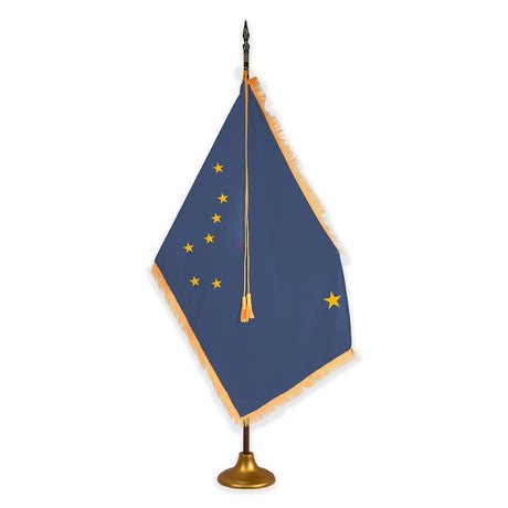 Alaska deluxe oak indoor flag set with gold fringe on metal stand