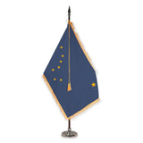 Alaska deluxe oak indoor flag set with gold fringe on plastic stand