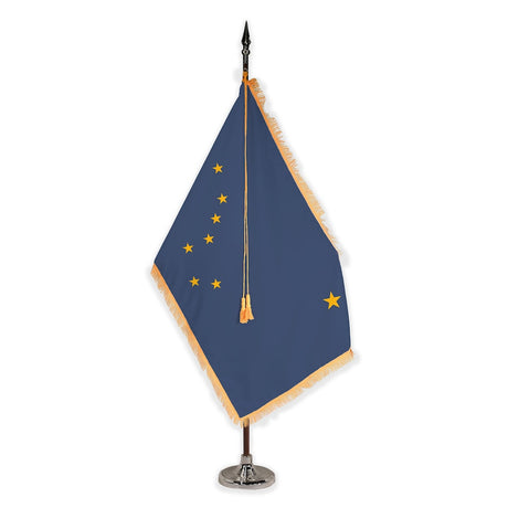 Alaska deluxe oak indoor flag set with gold fringe on plastic stand