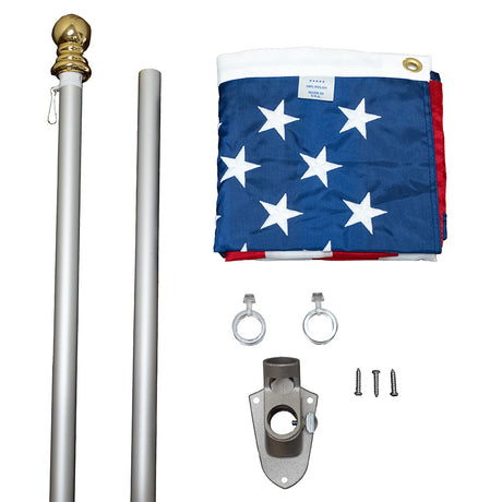 American flag set with plastic rings, a silver spinning pole, and a silver bracket
