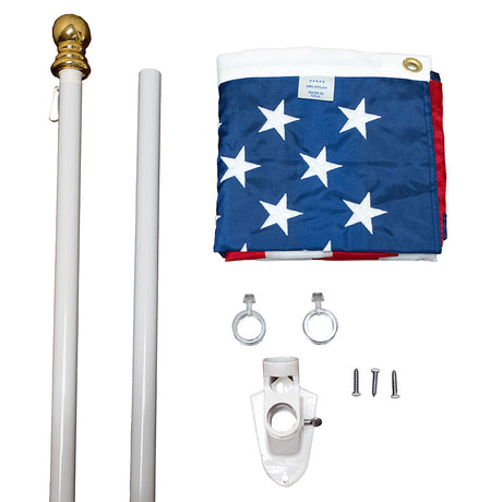 American flag set with plastic rings, a white spinning pole, and a white bracket