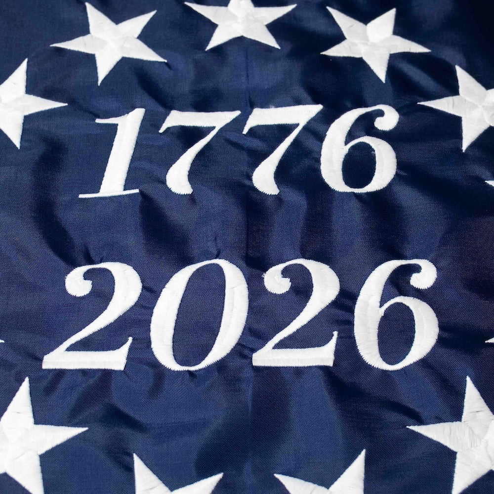 Betsy Ross 1776-2026 embroidered nylon pulldown close up
