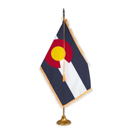Colorado adjustable indoor flag set with gold fringe on metal stand