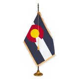 Colorado deluxe oak indoor flag set with gold fringe on metal stand