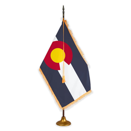 Colorado deluxe oak indoor flag set with gold fringe on metal stand