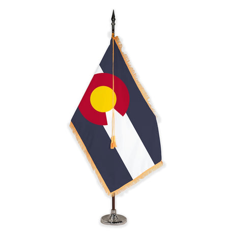 Colorado deluxe oak indoor flag set with gold fringe on plastic stand