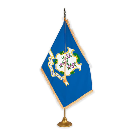 Connecticut adjustable indoor flag set with gold fringe on metal stand
