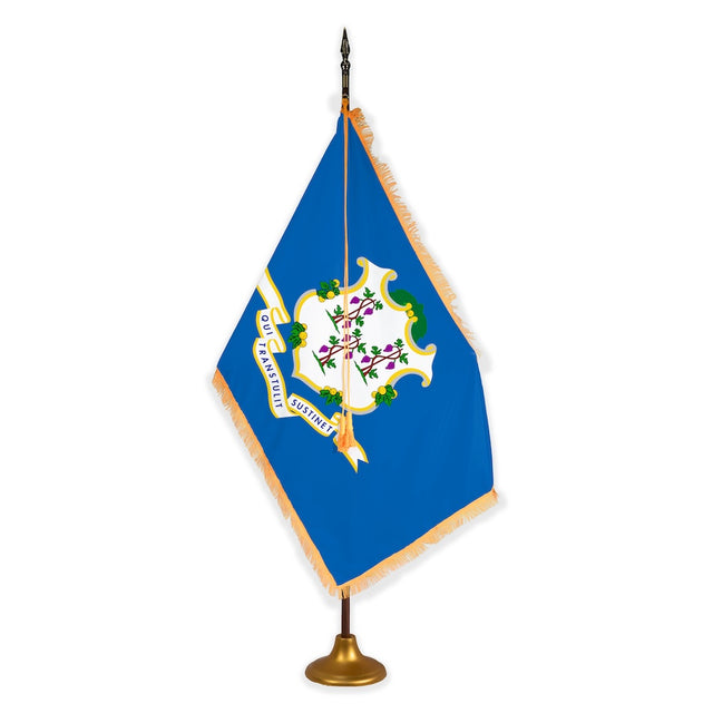 Connecticut deluxe oak indoor flag set with gold fringe on metal stand