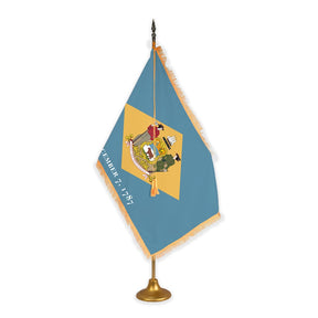 Delaware adjustable indoor flag set with gold fringe on metal stand
