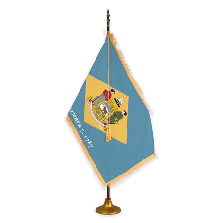 Delaware deluxe oak indoor flag set with gold fringe on metal stand