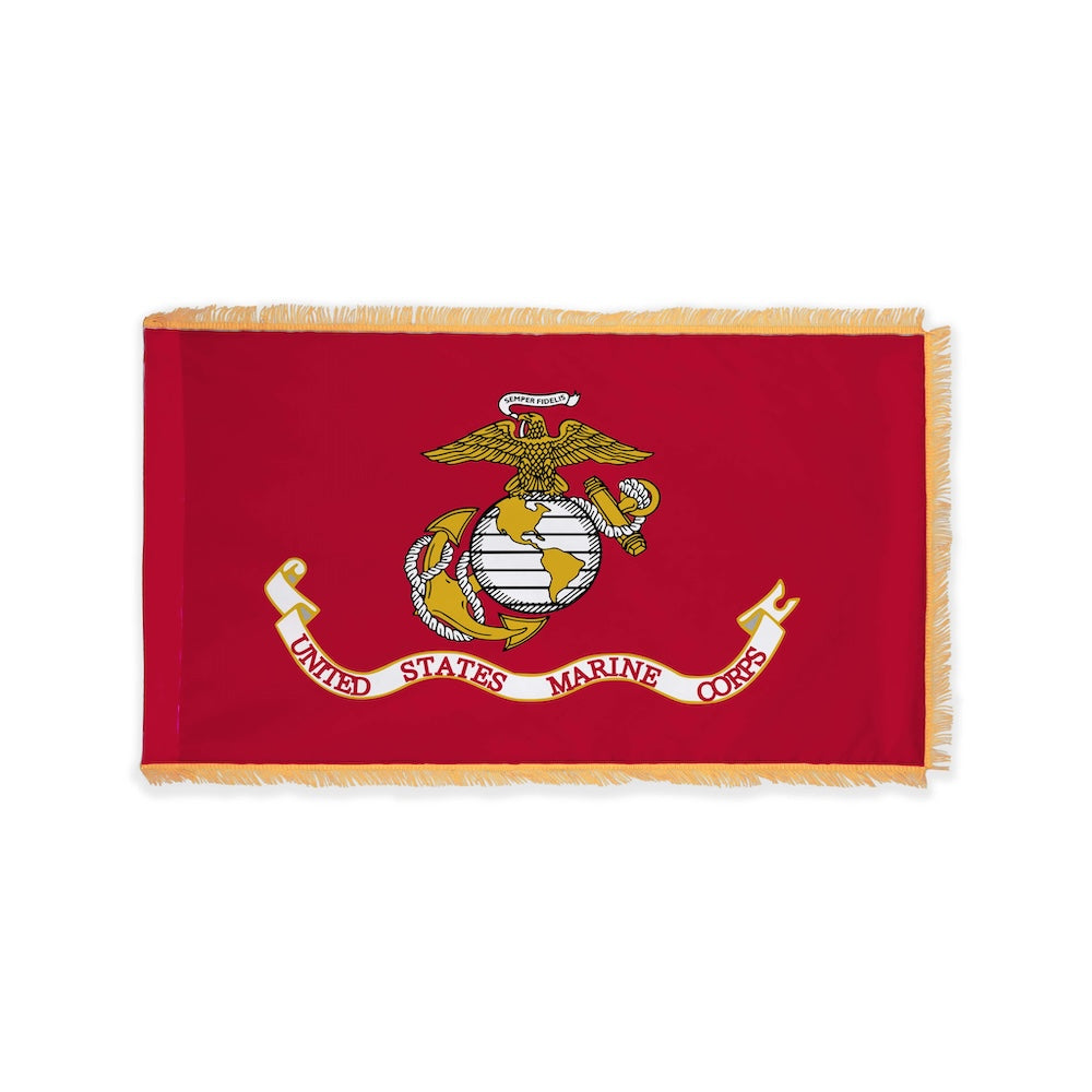 Indoor Marine Corps flag with pole sleeve and fringe