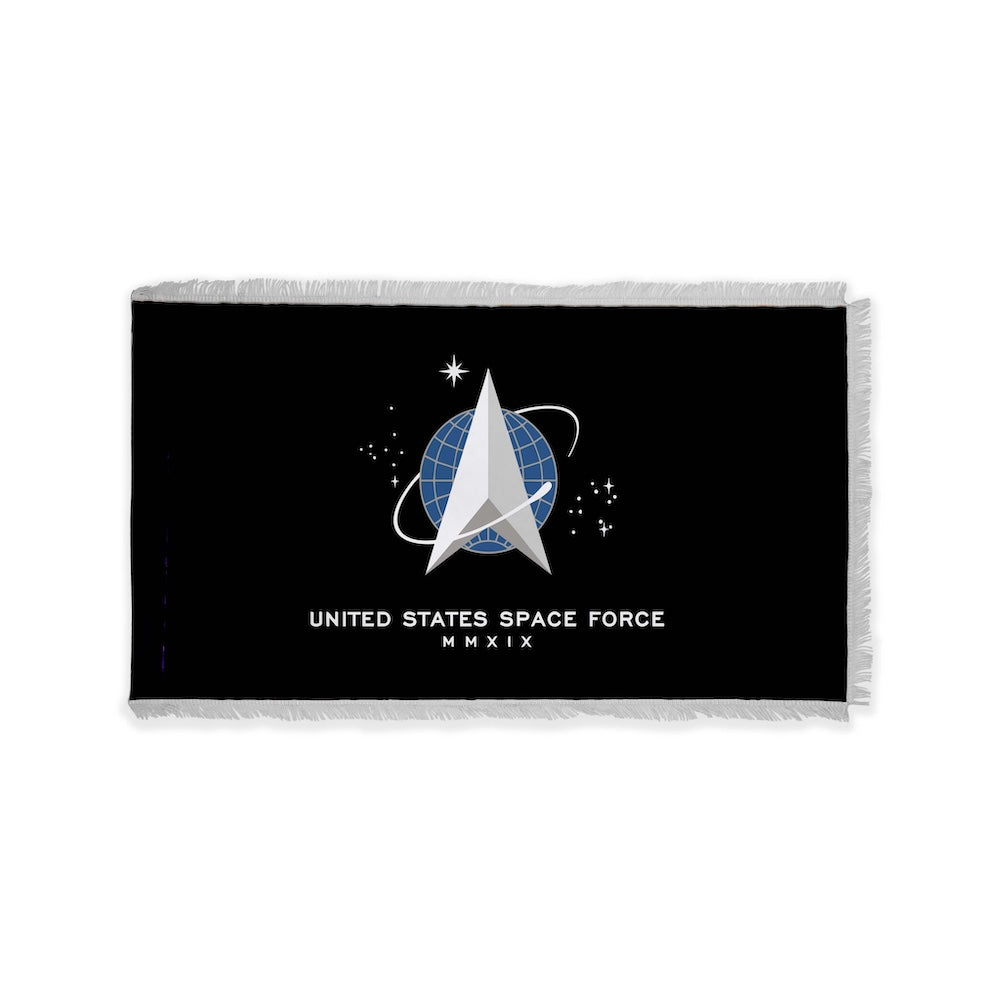 Indoor Space Force flag with pole sleeve and fringe