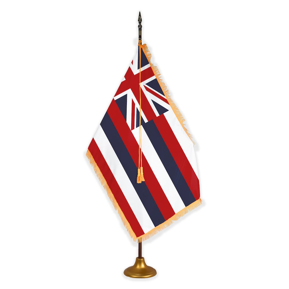 Hawaii deluxe oak indoor flag set with gold fringe on metal stand