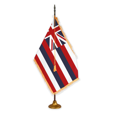 Hawaii deluxe oak indoor flag set with gold fringe on metal stand