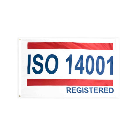 ISO 14001 red white blue flag with heading and grommets