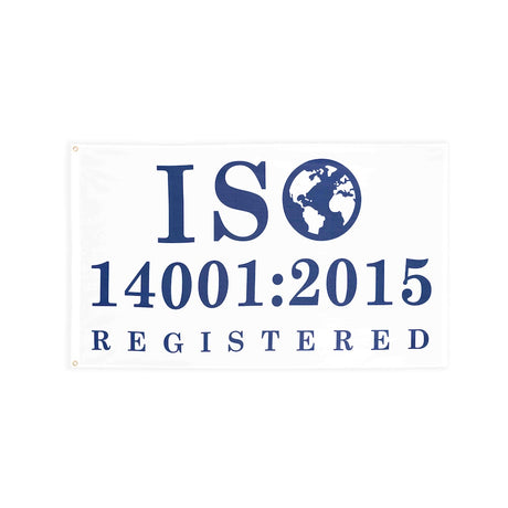 ISO 14001:2015 blue flag with heading and grommets