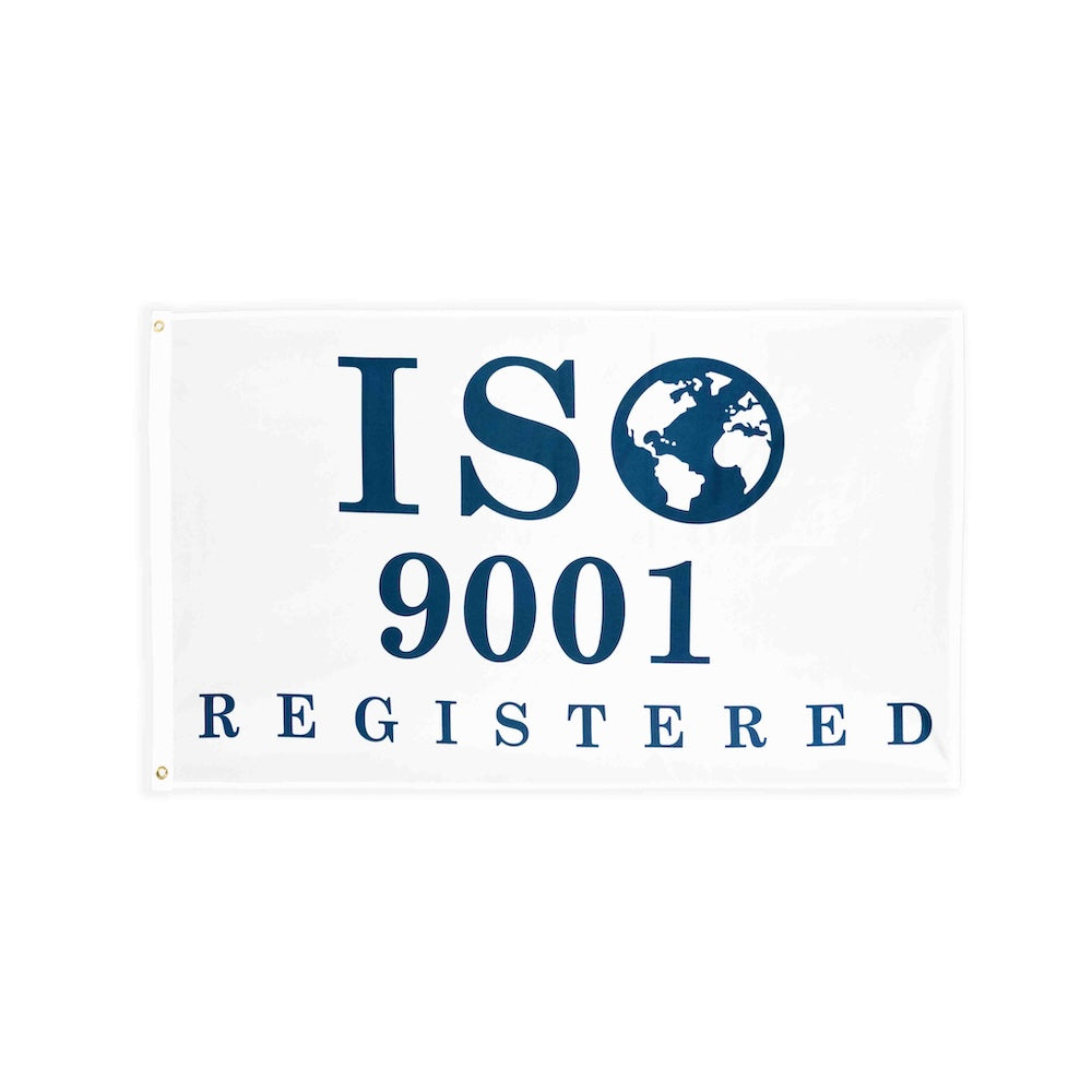 ISO 9001 blue flag with heading and grommets