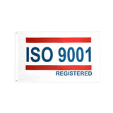 ISO 9001 red white blue flag with heading and grommets