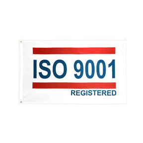 ISO 9001 red white blue flag with heading and grommets