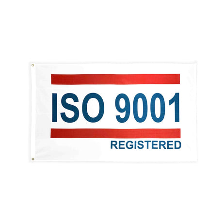 ISO 9001 red white blue flag with heading and grommets