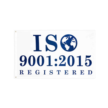 ISO 9001:2015 blue flag with heading and grommets