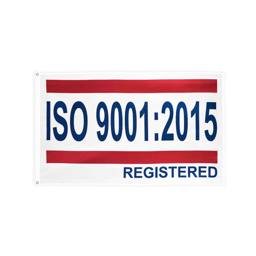 ISO 9001:2015 red white blue flag with heading and grommets