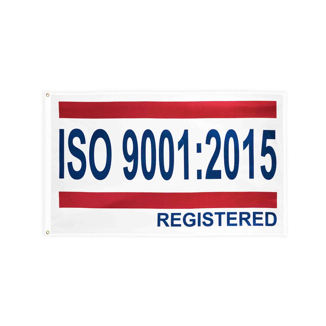 ISO 9001:2015 red white blue flag with heading and grommets