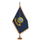 Idaho deluxe oak indoor flag set with gold fringe on metal stand