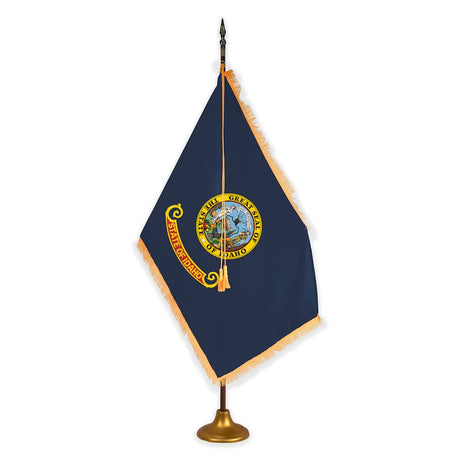 Idaho deluxe oak indoor flag set with gold fringe on metal stand