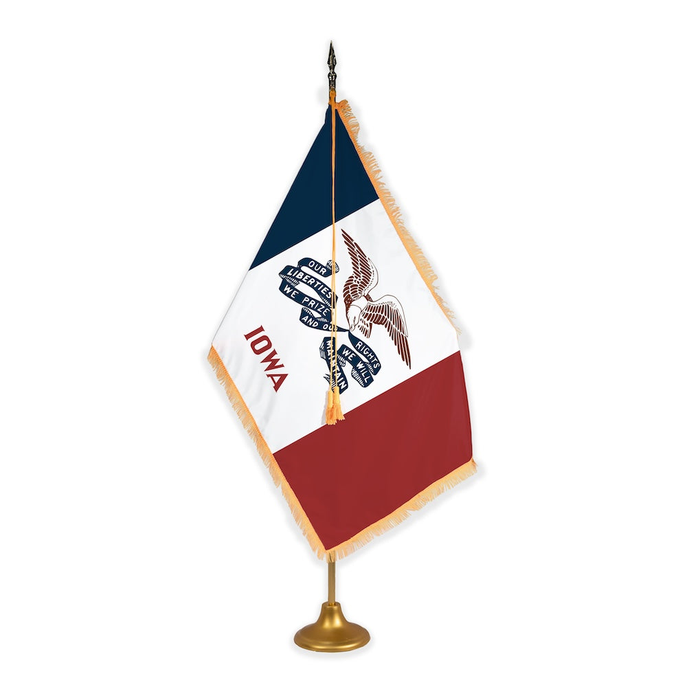 Iowa adjustable indoor flag set with gold fringe on metal stand