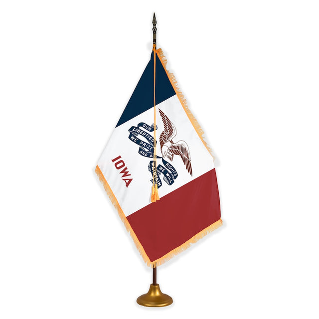 Iowa deluxe oak indoor flag set with gold fringe on metal stand