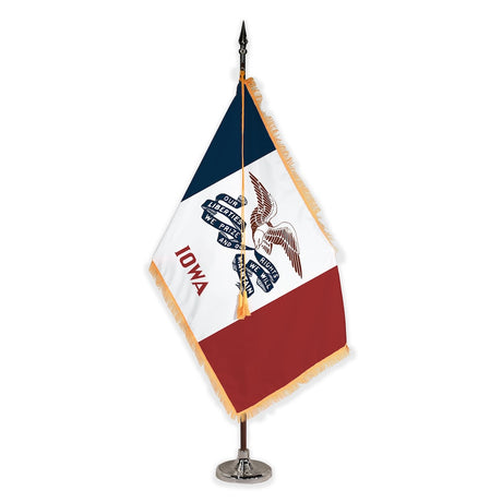 Iowa deluxe oak indoor flag set with gold fringe on plastic stand