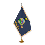 Kansas adjustable indoor flag set with gold fringe on metal stand