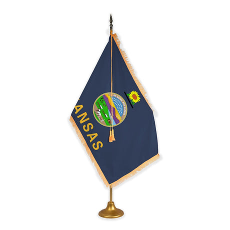 Kansas adjustable indoor flag set with gold fringe on metal stand