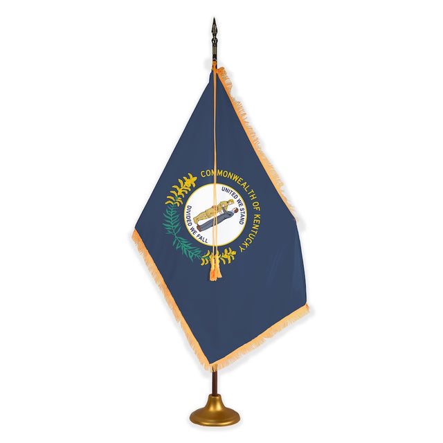 Kentucky deluxe oak indoor flag set with gold fringe on metal stand