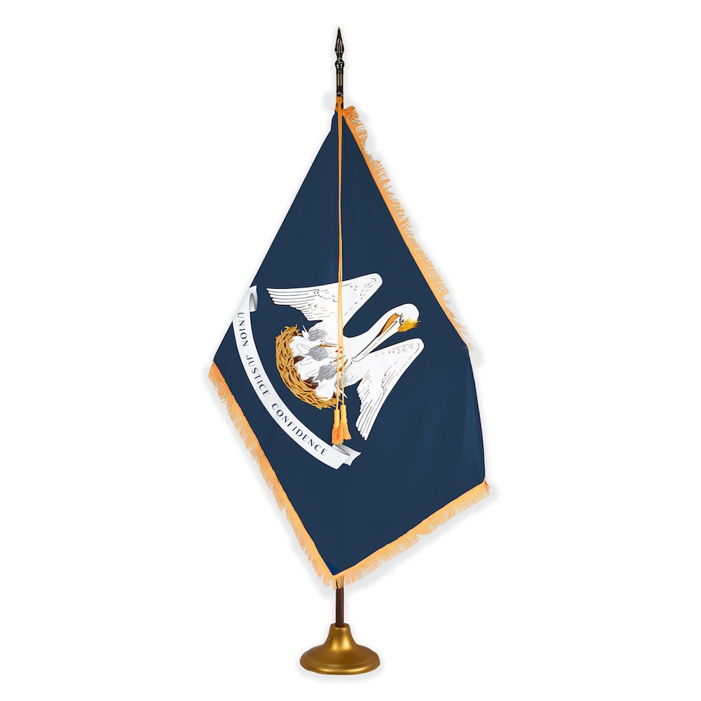 Louisiana deluxe oak indoor flag set with gold fringe on metal stand