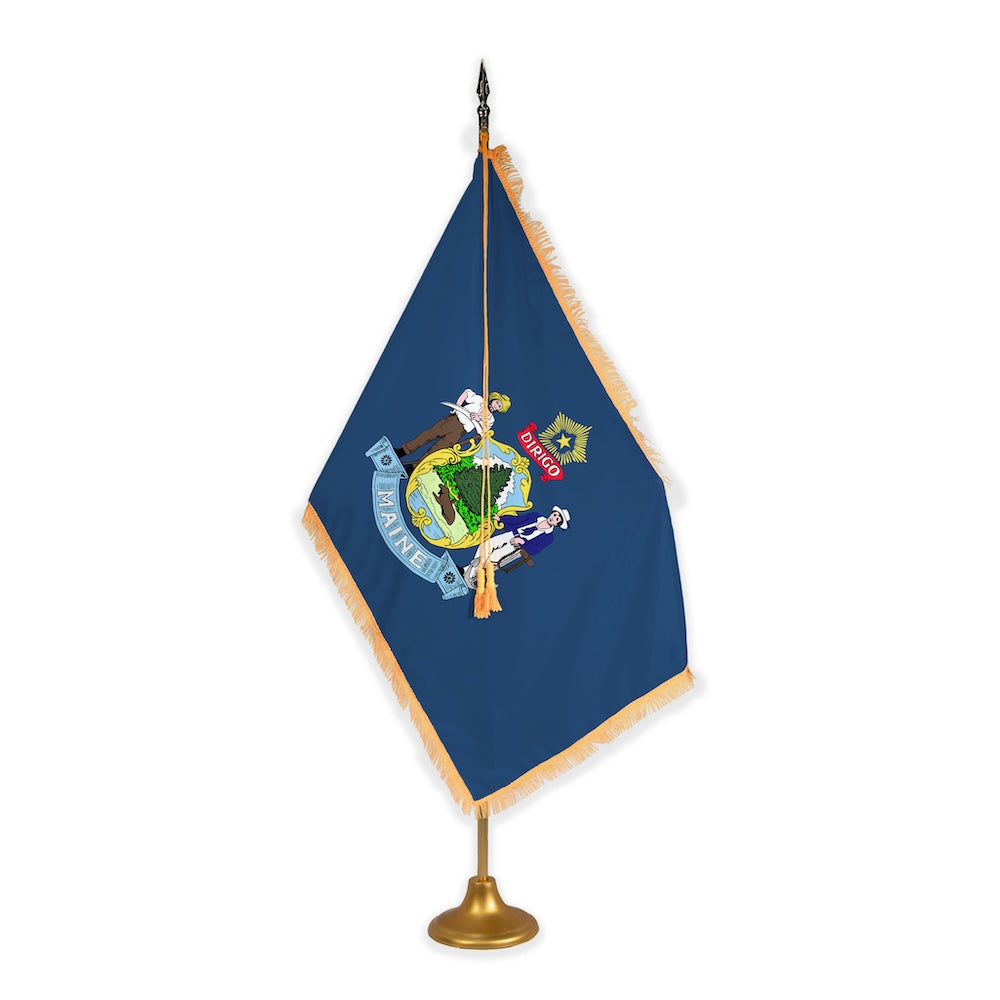 Maine adjustable indoor flag set with gold fringe on metal stand