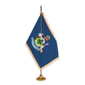 Maine adjustable indoor flag set with gold fringe on metal stand