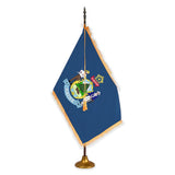 Maine deluxe oak indoor flag set with gold fringe on metal stand