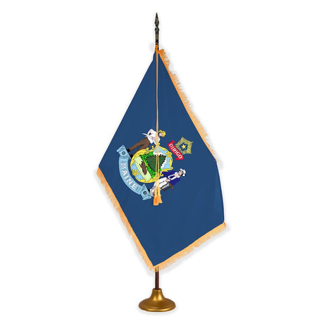 Maine deluxe oak indoor flag set with gold fringe on metal stand