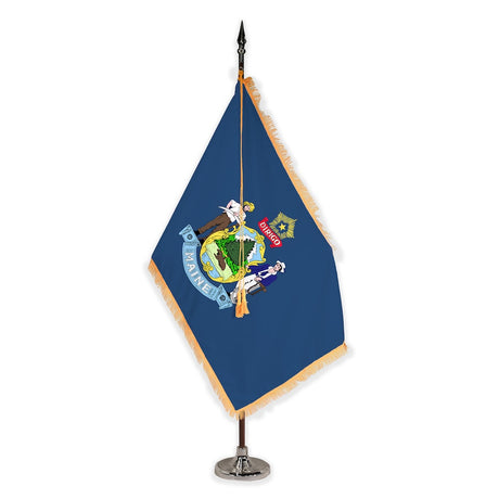 Maine deluxe oak indoor flag set with gold fringe on plastic stand