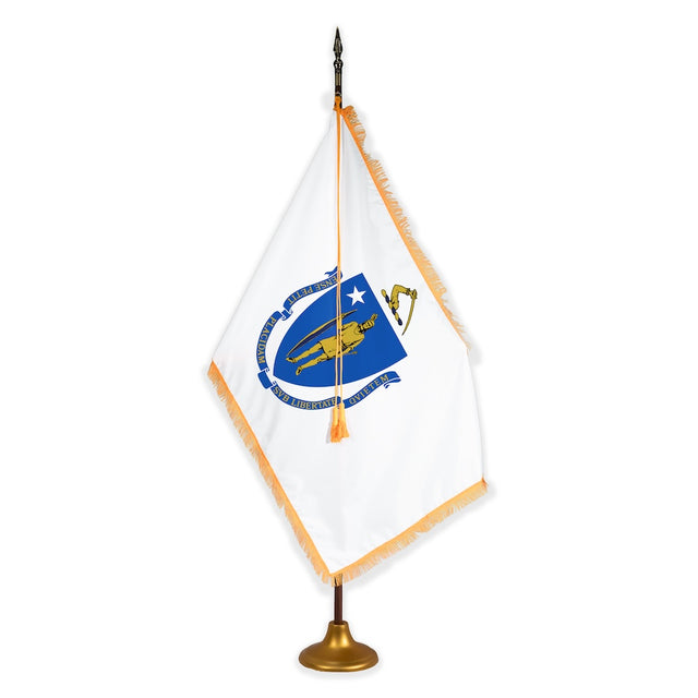 Massachusetts deluxe oak indoor flag set with gold fringe on metal 